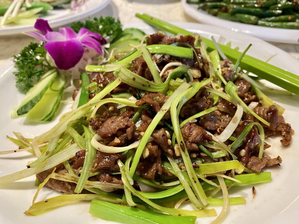 A plate of stir-fried cumin lamb at Koi Palace in Dublin, CA