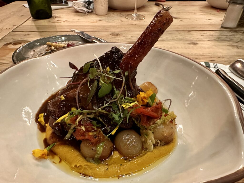 A braised lamb shank on a bed of honeynut squash puree with pearl onions.